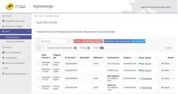 MyDelivengo Profil : page de suivi des colis expédiés