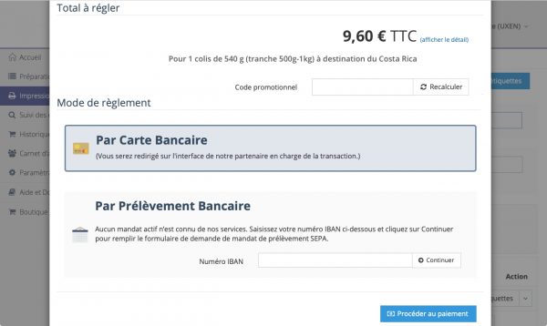 MyDelivengo easy : page de paiement par carte bancaire ou prélèvement bancaire pour l'impression d'étiquettes d'expédition