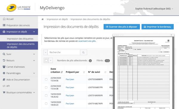 MyDelivengo Profil : impression du bordereau de dépôt postal