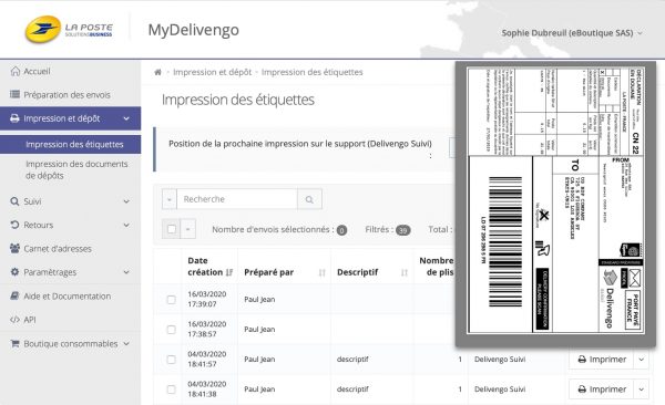 MyDelivengo Profil : impression d'une étiquette d'expédition avec documents douaniers