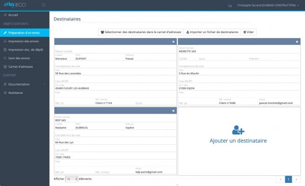 easyReco : page de préparation d'un envoi